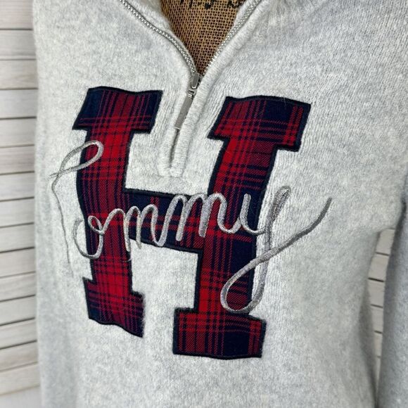 Tommy Hilfiger Logo Patch Varsity Sweater Grey Small Wool Blend Quarter Zip - Picture 5 of 12